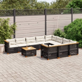 Set de sofás de jardín 11 pzas y cojines ratán sintético negro