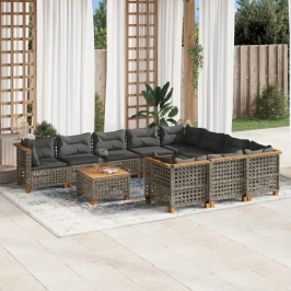 Set de sofás de jardín 11 pzas y cojines ratán sintético gris