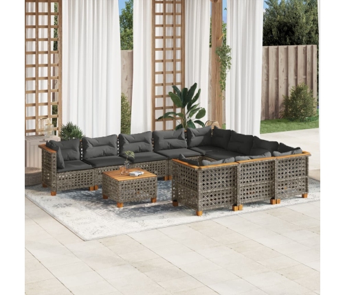 Set de sofás de jardín 11 pzas y cojines ratán sintético gris