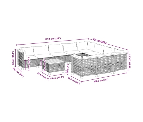Set de sofás de jardín 11pzas con cojines ratán sintético beige