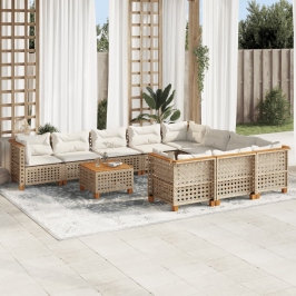 Set de sofás de jardín 11pzas con cojines ratán sintético beige