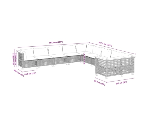Set de sofás de jardín 10 pzas con cojines ratán sintético gris