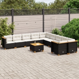 Set de sofás de jardín 11 pzas y cojines ratán sintético negro