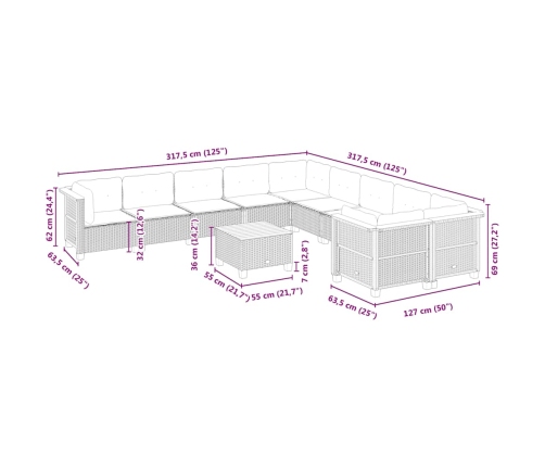 Set de sofás de jardín 11pzas con cojines ratán sintético beige
