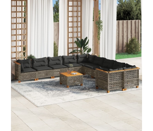 Set de sofás de jardín 11 pzas y cojines ratán sintético gris