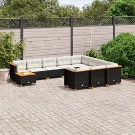 Set de sofás de jardín 11 pzas y cojines ratán sintético negro