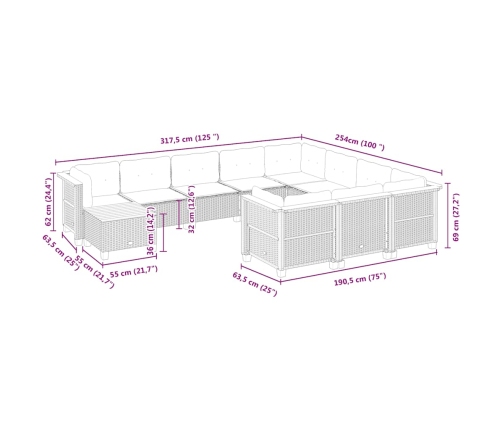 Set de sofás de jardín 11pzas con cojines ratán sintético beige