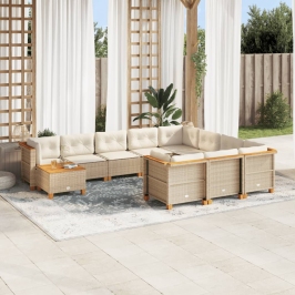 Set de sofás de jardín 11pzas con cojines ratán sintético beige