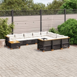 Set de sofás de jardín 11 pzas y cojines ratán sintético negro