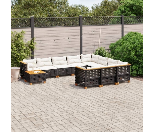 Set de sofás de jardín 11 pzas y cojines ratán sintético negro