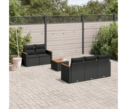 Set de sofás de jardín 6 piezas y cojines ratán sintético negro