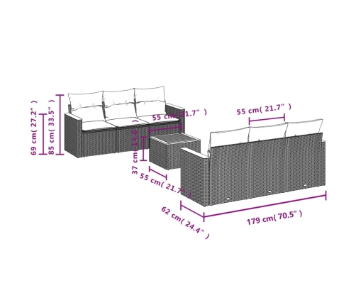 Set de comedor de jardín 7 pzas y cojines ratán sintético negro