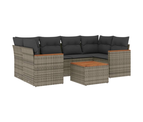 Set de sofás de jardín 7 piezas con cojines ratán PE gris