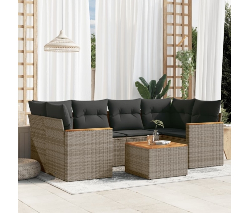 Set de sofás de jardín 7 piezas con cojines ratán PE gris