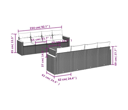 Set de sofás de jardín 9 pzas con cojines ratán sintético beige