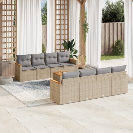 Set de sofás de jardín 9 pzas con cojines ratán sintético beige