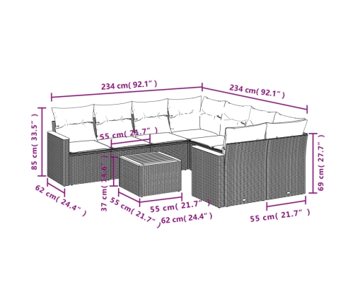 Set de sofás de jardín 9 pzas con cojines ratán sintético beige