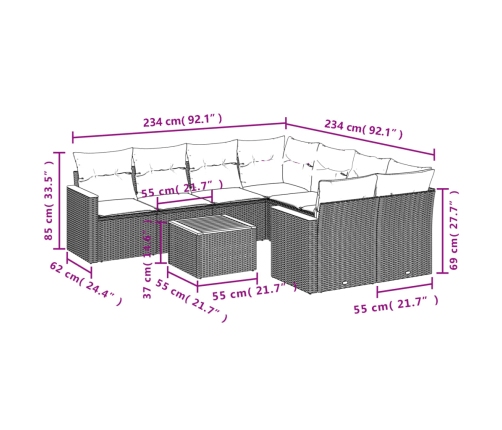Set de muebles de jardín 9 pzas y cojines ratán sintético gris