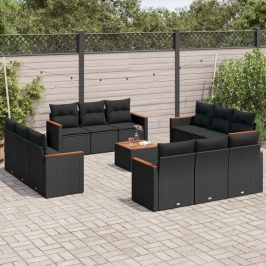 Set de sofás de jardín y cojines 13 pzas ratán sintético negro