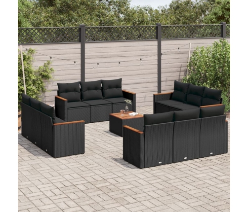 Set de sofás de jardín y cojines 13 pzas ratán sintético negro