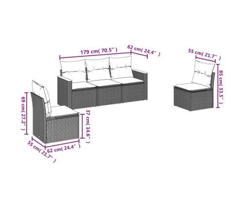 Set de muebles de jardín 5 pzas y cojines ratán sintético negro