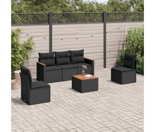 Set de sofás de jardín 6 piezas y cojines ratán sintético negro