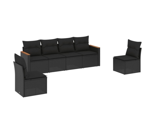 Set de sofás de jardín 6 piezas y cojines ratán sintético negro