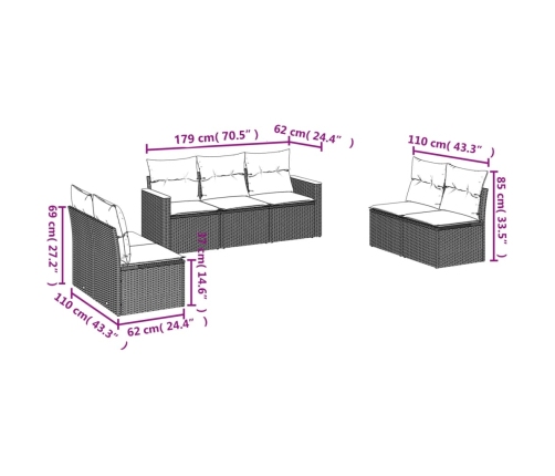 Set de comedor de jardín 7 pzas y cojines ratán sintético negro
