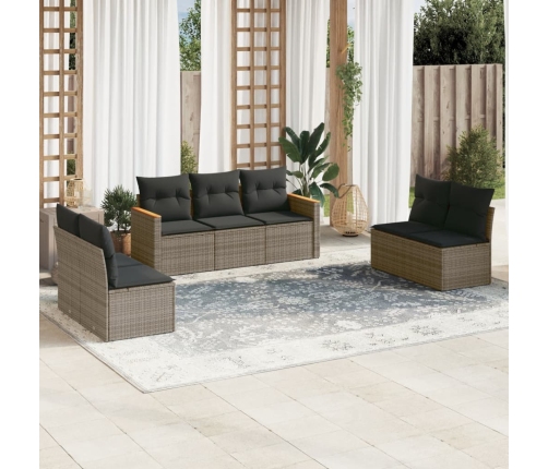 Set de sofás de jardín 7 piezas con cojines ratán PE gris