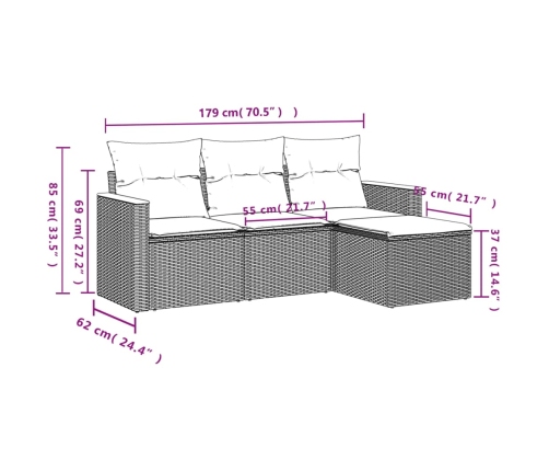 Set de sofás de jardín 4 pzas y cojines ratán sintético gris