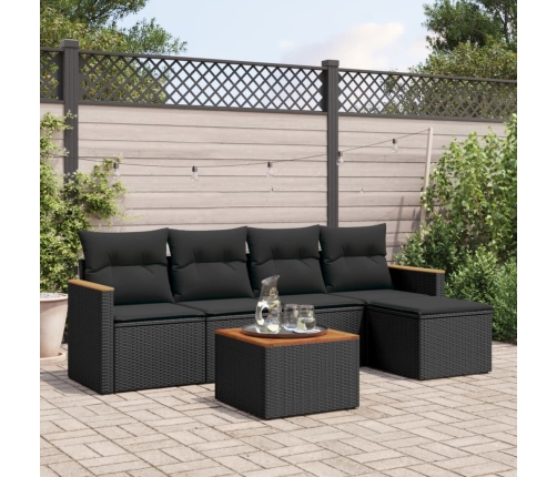 Set de sofás de jardín 6 piezas y cojines ratán sintético negro
