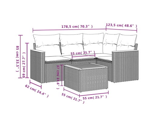 Set de muebles de jardín 5 pzas y cojines ratán sintético negro
