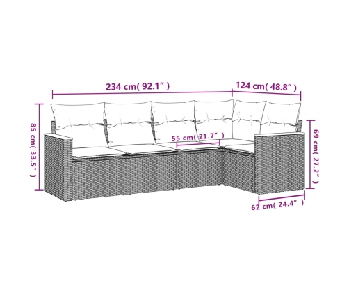 Set de muebles de jardín 5 pzas y cojines ratán sintético negro