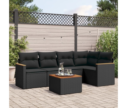 Set de sofás de jardín 6 piezas y cojines ratán sintético negro