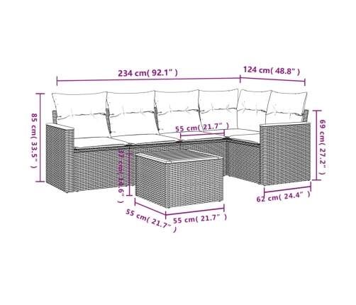 Set de muebles de jardín 6 pzas y cojines ratán sintético gris