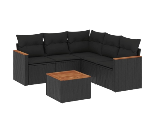 Set de sofás de jardín 6 piezas y cojines ratán sintético negro