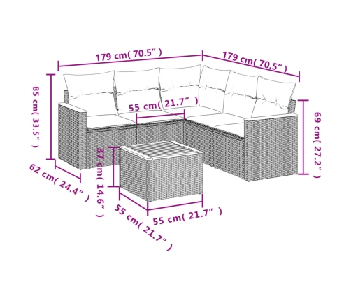 Set de muebles de jardín 6 pzas y cojines ratán sintético gris