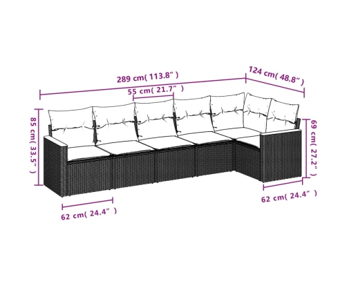 Set de sofás de jardín 6 piezas y cojines ratán sintético negro