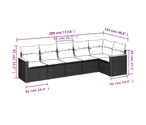 Set de sofás de jardín 6 piezas y cojines ratán sintético negro
