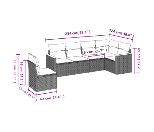 Set de sofás de jardín 6 piezas y cojines ratán sintético negro