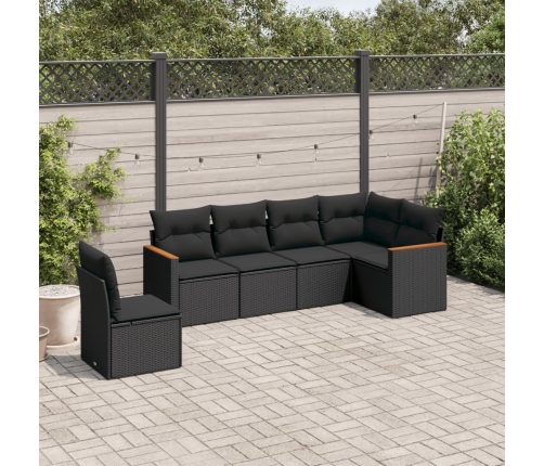 Set de sofás de jardín 6 piezas y cojines ratán sintético negro