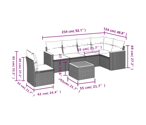 Set de comedor de jardín 7 pzas y cojines ratán sintético negro