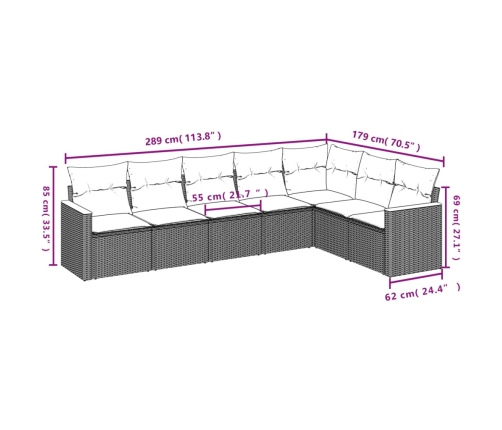 Set de comedor de jardín 7 pzas y cojines ratán sintético negro