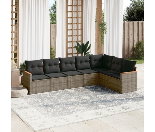 Set de sofás de jardín 7 piezas con cojines ratán PE gris