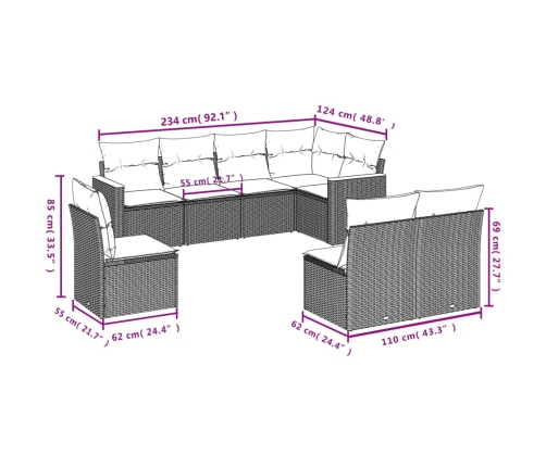 Set de sofás de jardín 8 piezas y cojines ratán sintético negro