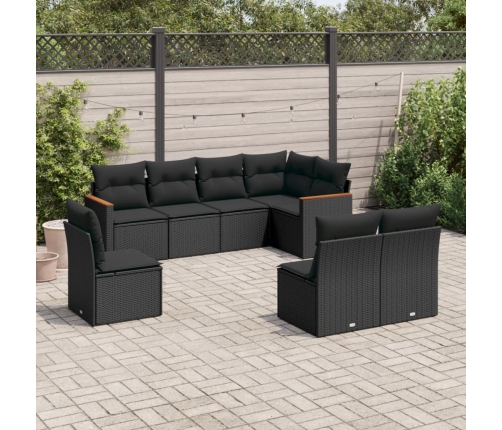 Set de sofás de jardín 8 piezas y cojines ratán sintético negro