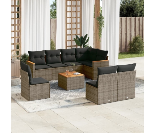 Set de muebles de jardín 9 pzas y cojines ratán sintético gris