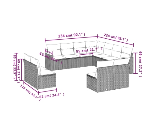 Set de sofás de jardín 11pzas con cojines ratán sintético beige