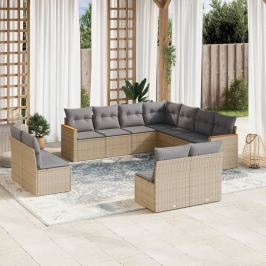 Set de sofás de jardín 11pzas con cojines ratán sintético beige