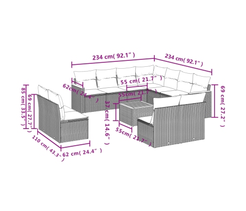 Set de sofás de jardín 12 pzas con cojines ratán sintético gris